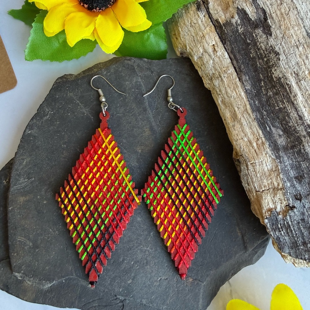 Earth Art Hand Crafted Artisan Multicolor Red Wooden Large Earrings - Picture 2 of 2